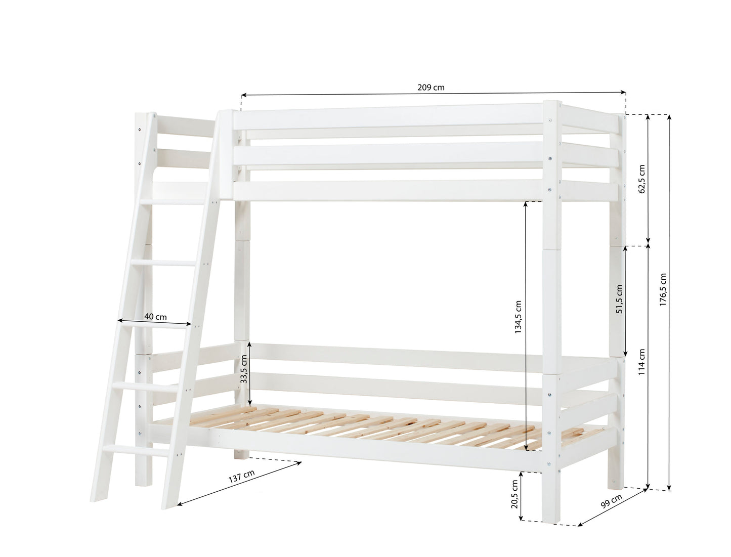 Hoppekids ECO Luxury High Bunk bed with backrail on lower Bed and Slanted Ladder