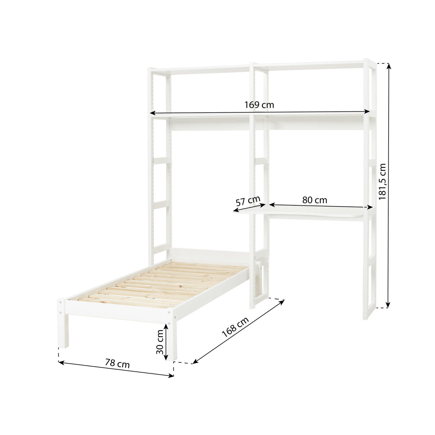 Hoppekids STOREY bookshelf with 2 sections, 4 shelves, and desktop