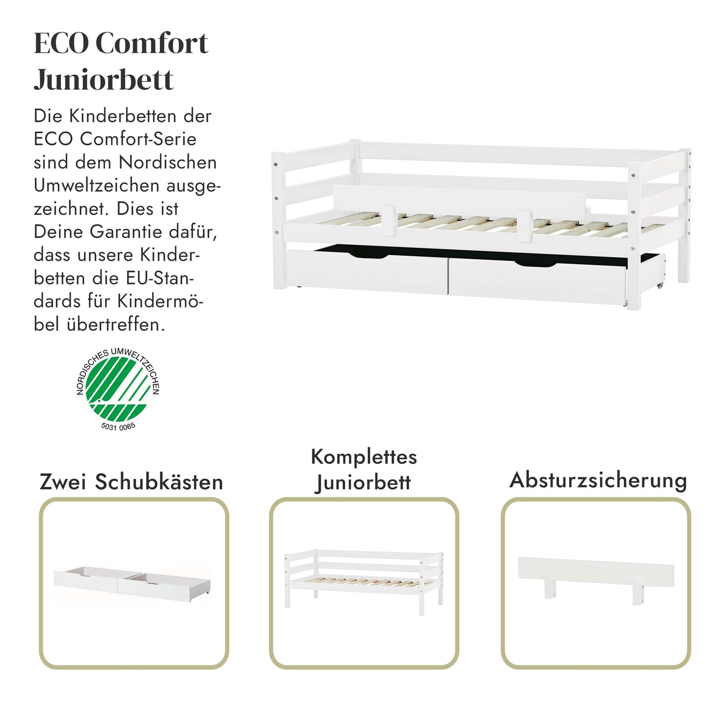 ECO Comfort junior bed with drawers and safety rail