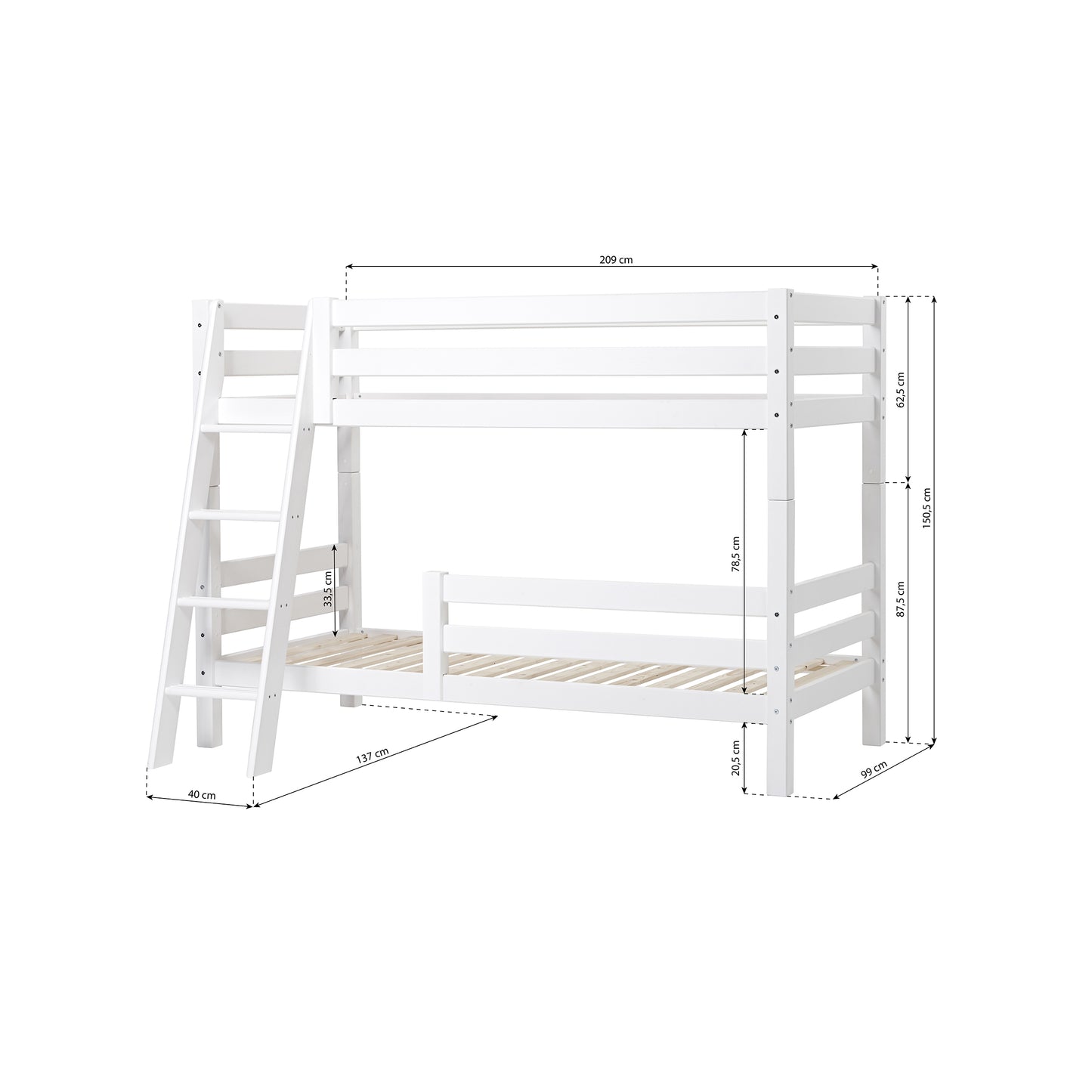 Hoppekids ECO Luxury Bunk bed with two bed rails and slanted ladder