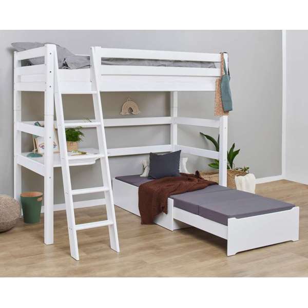 Hoppekids ECO Luxury MEGA bed with slanted ladder, lounge-Module and desk, Flexible slat frame