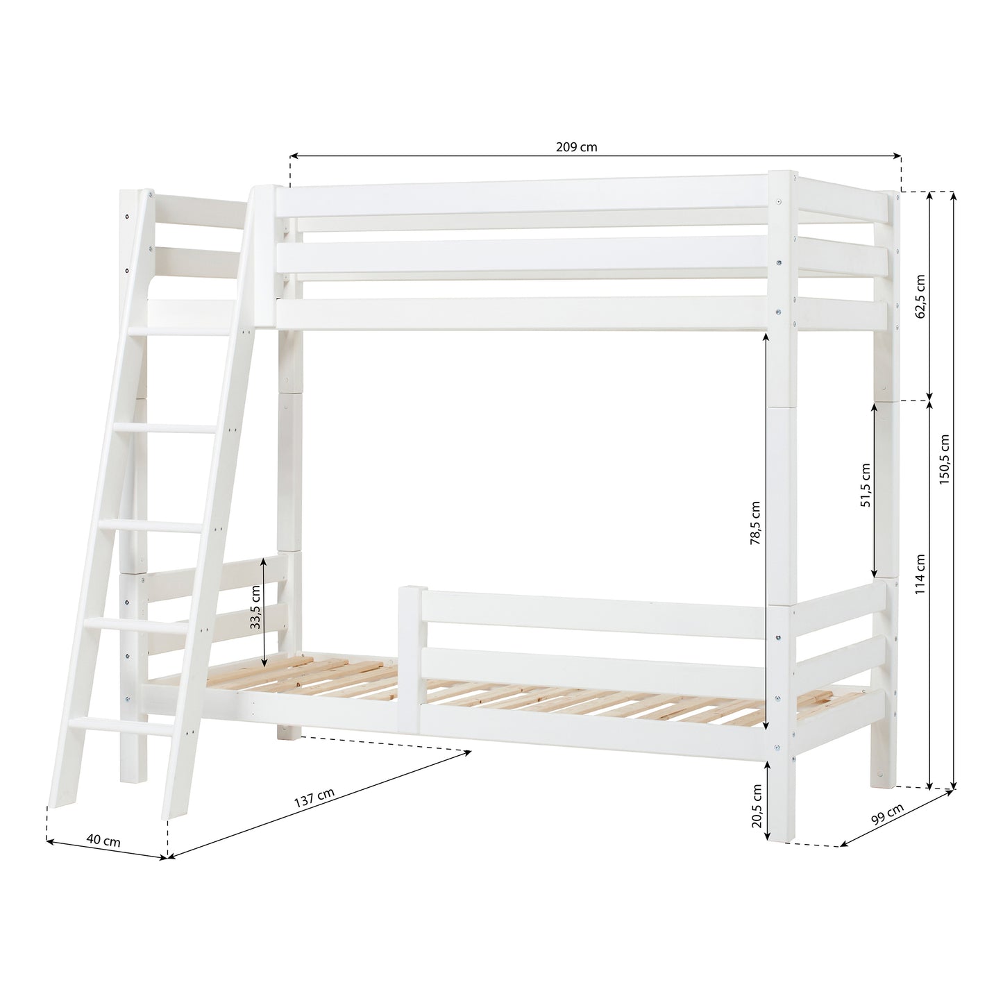 Hoppekids ECO Luxury High bunk bed with slanted ladder and 1/2 bed rail