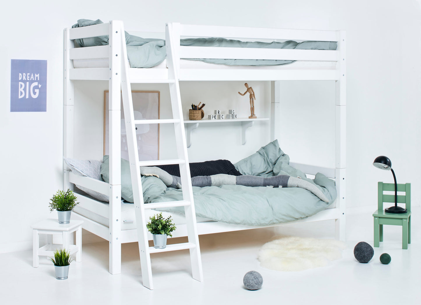 Hoppekids ECO Luxury High Bunk bed with backrail on lower Bed and Slanted Ladder