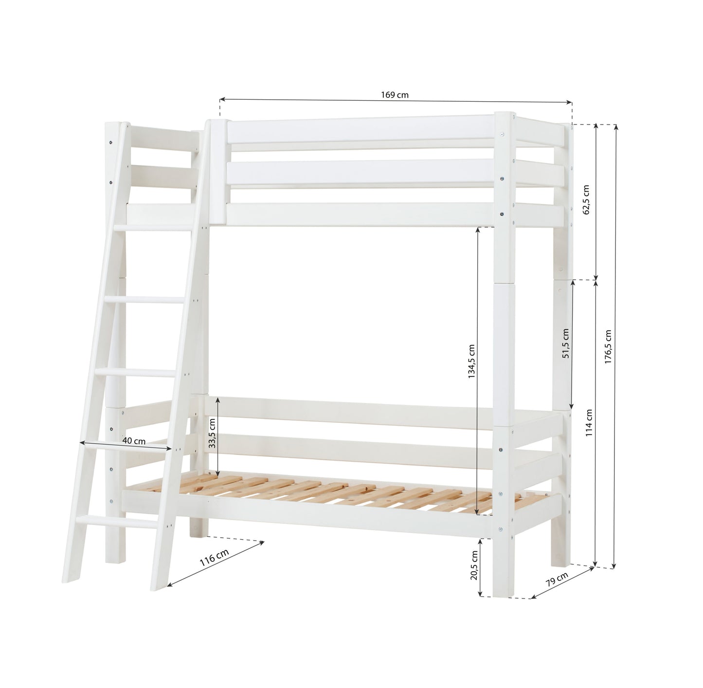 Hoppekids ECO Luxury High Bunk bed with backrail on lower Bed and Slanted Ladder