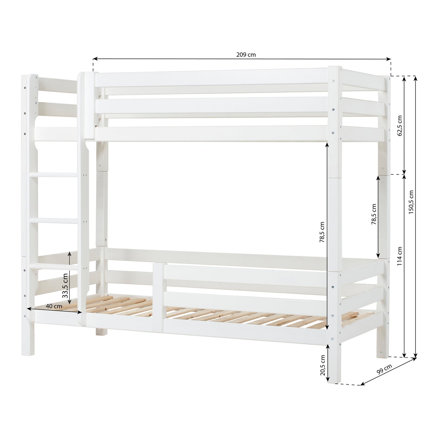 Hoppekids ECO Luxury High bunk bed with flexible slatframe, backrail and 1/2 bed rail