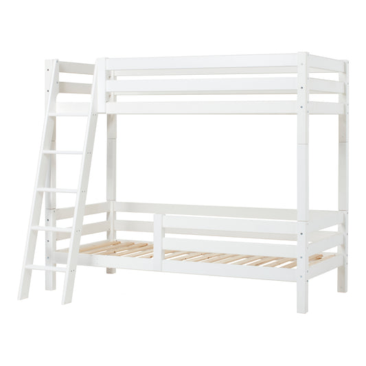 Hoppekids ECO Luxury High bunk bed with flexible slatframe, slanted ladder, backrail, and 1/2 bed rail