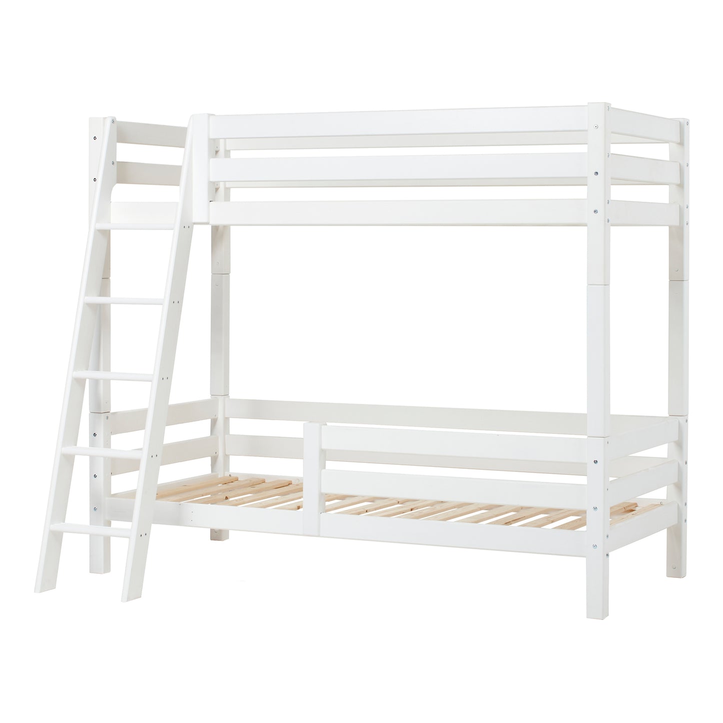 Hoppekids ECO Luxury High Bunk bed with backrail, bed rail on lower Bed, and Slanted Ladder