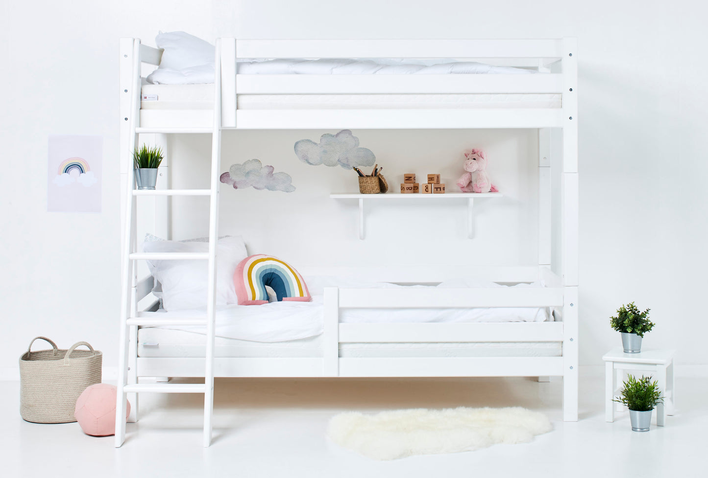 Hoppekids ECO Luxury High Bunk bed with backrail, bed rail on lower Bed, and Slanted Ladder