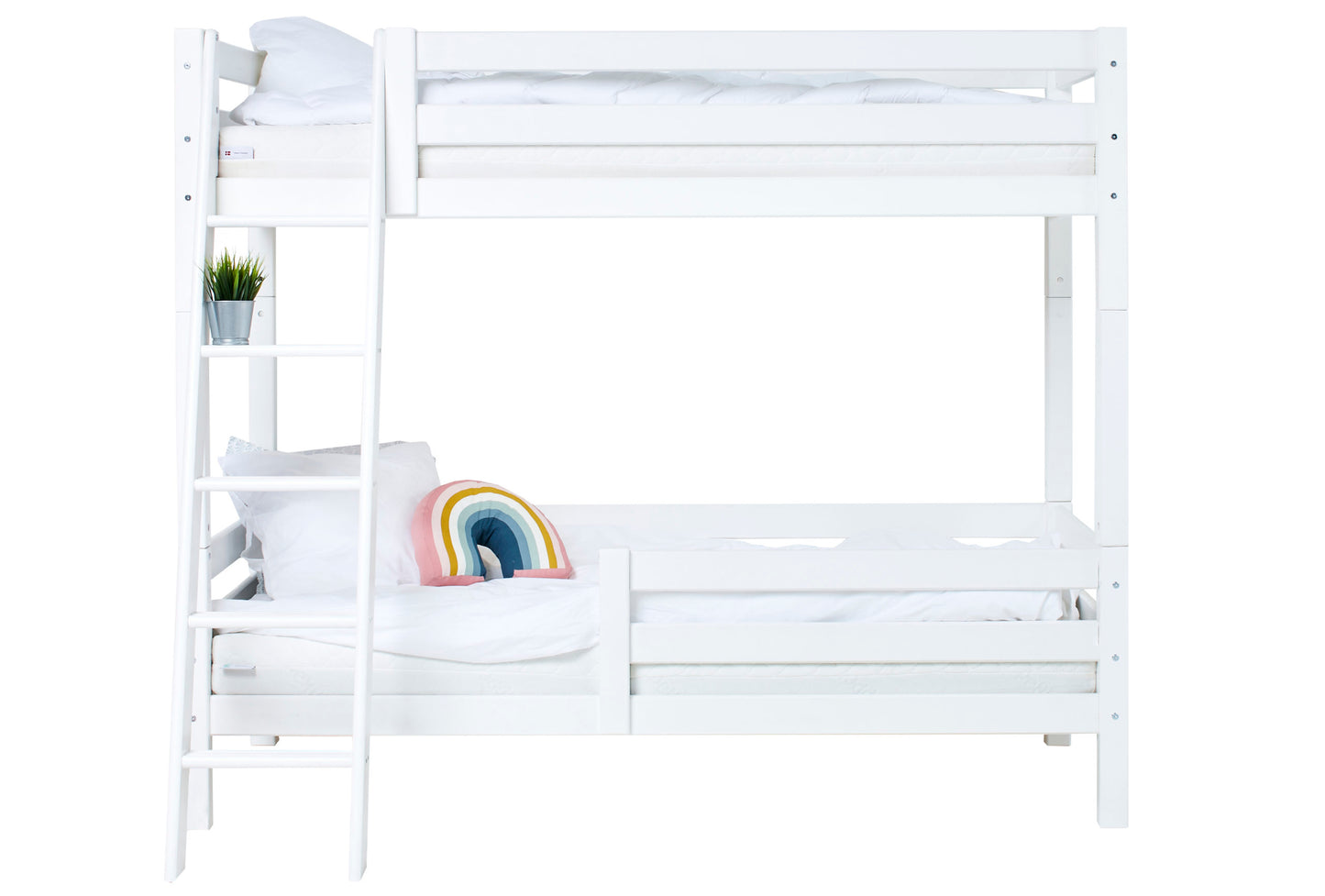 Hoppekids ECO Luxury High Bunk bed with backrail, bed rail on lower Bed, and Slanted Ladder