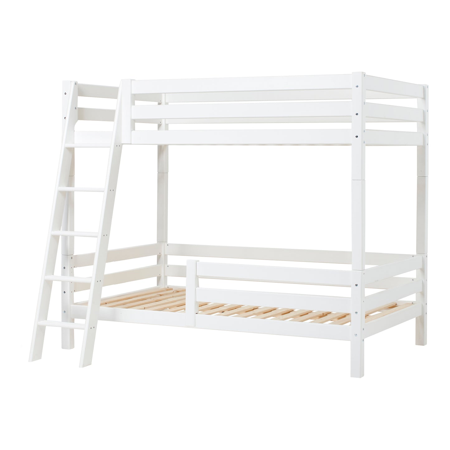 Hoppekids ECO Luxury High Bunk bed with backrail, bed rail on lower Bed, and Slanted Ladder