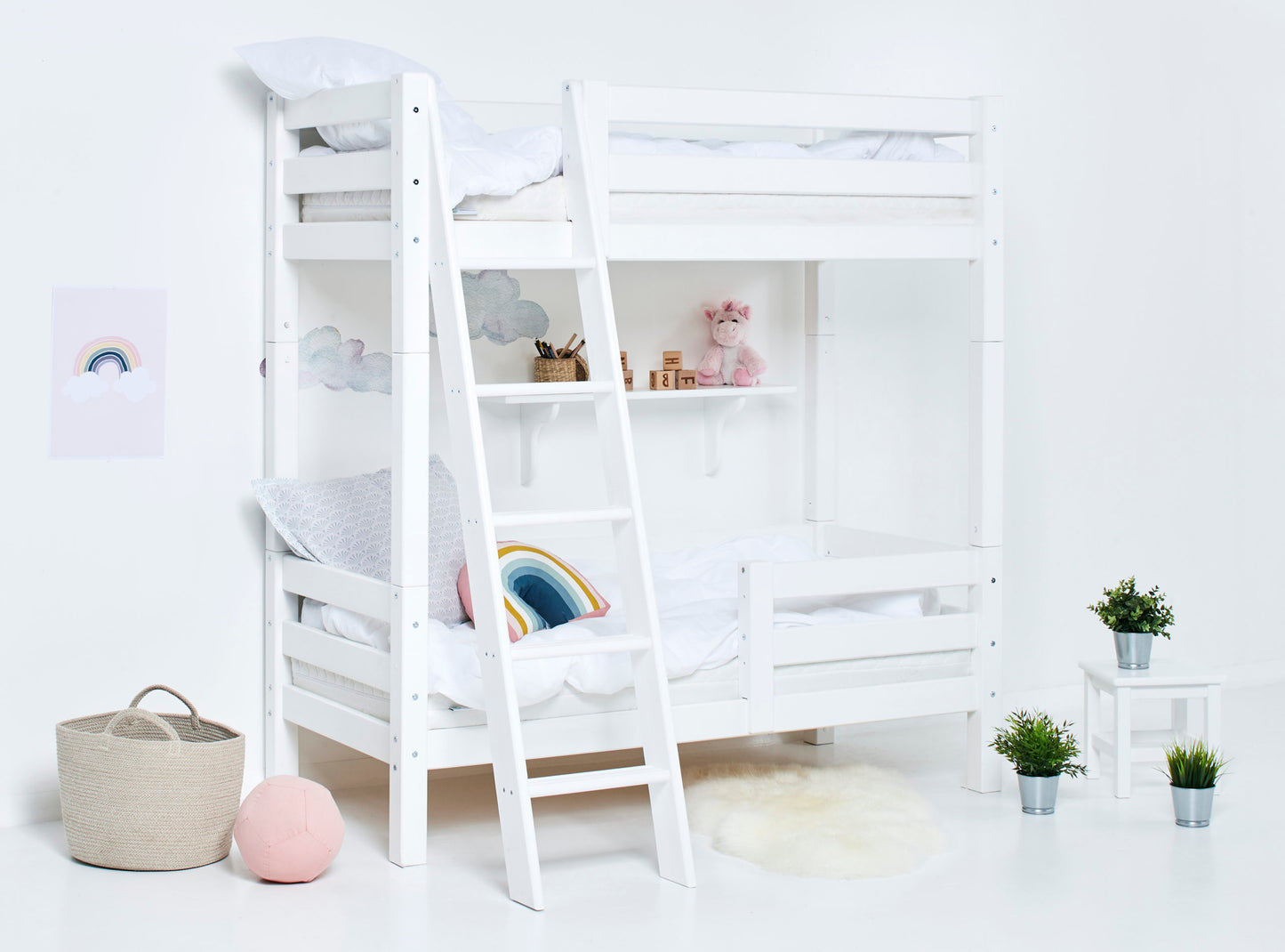 Hoppekids ECO Luxury High Bunk bed with backrail, bed rail on lower Bed, and Slanted Ladder