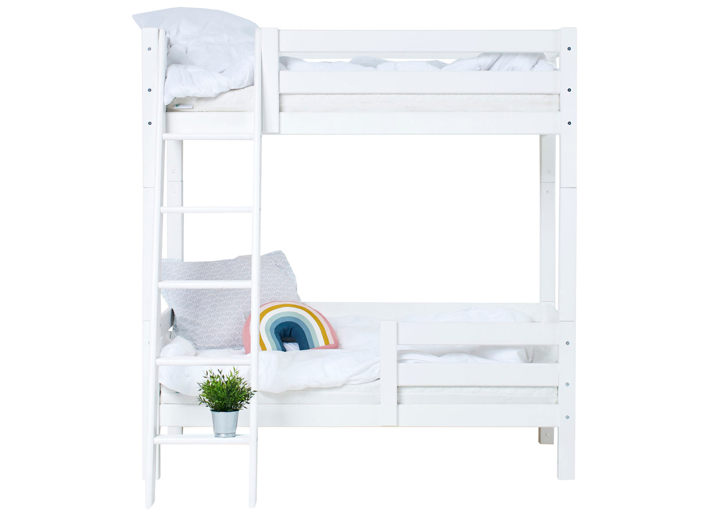 Hoppekids ECO Luxury High Bunk bed with backrail, bed rail on lower Bed, and Slanted Ladder