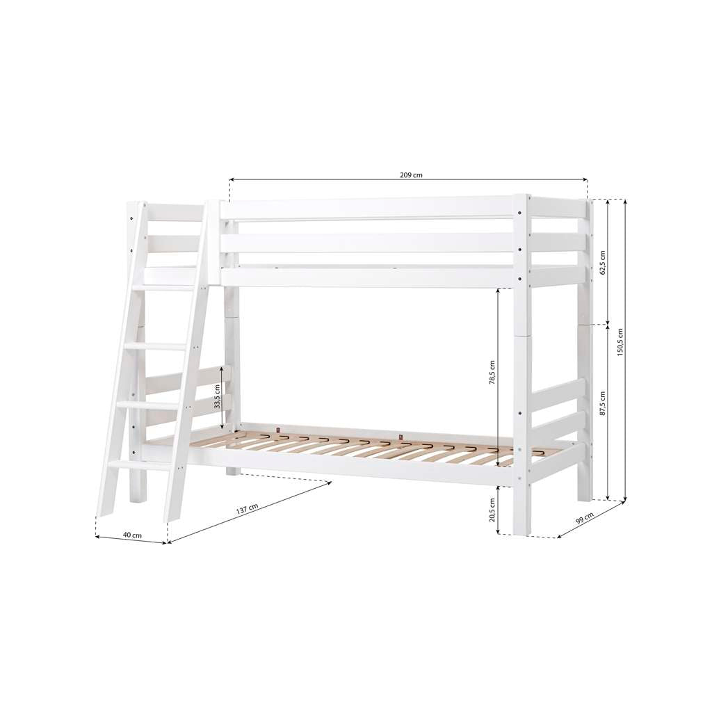 Hoppekids ECO Luxury Bunk bed 90x200cm with slanted ladder, Flexible slat frame, White