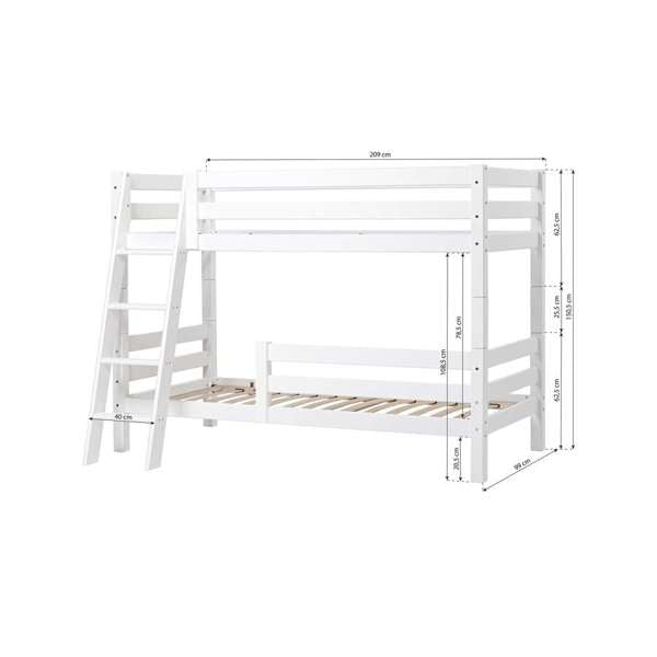 Hoppekids ECO Luxury Bunk bed 90x200 cm with two bed rails and slanted ladder, Flexible slat frame, White